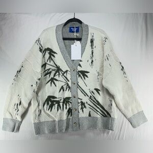 Aelfric Eden Cardigan Sweater Button Front Bamboo Leaf Print M Unisex